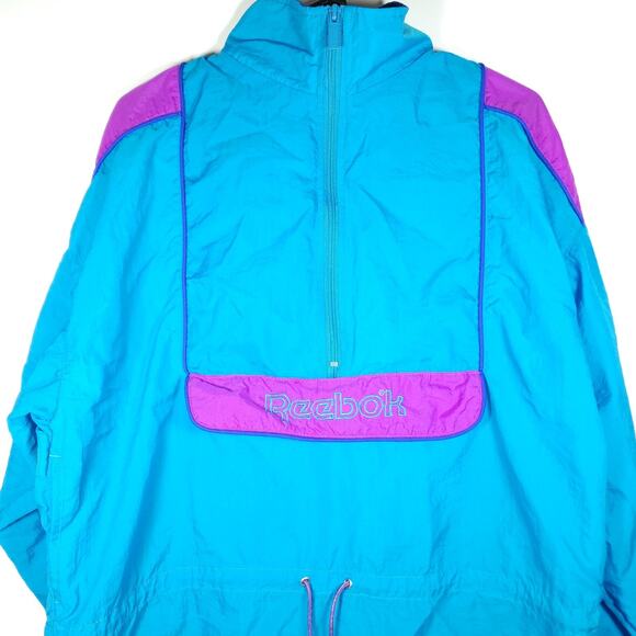 Reebok Men's VTG Medium Blue 1/4 Zip Nylon Hooded Windbreaker Pullover Jacket - Picture 2 of 9